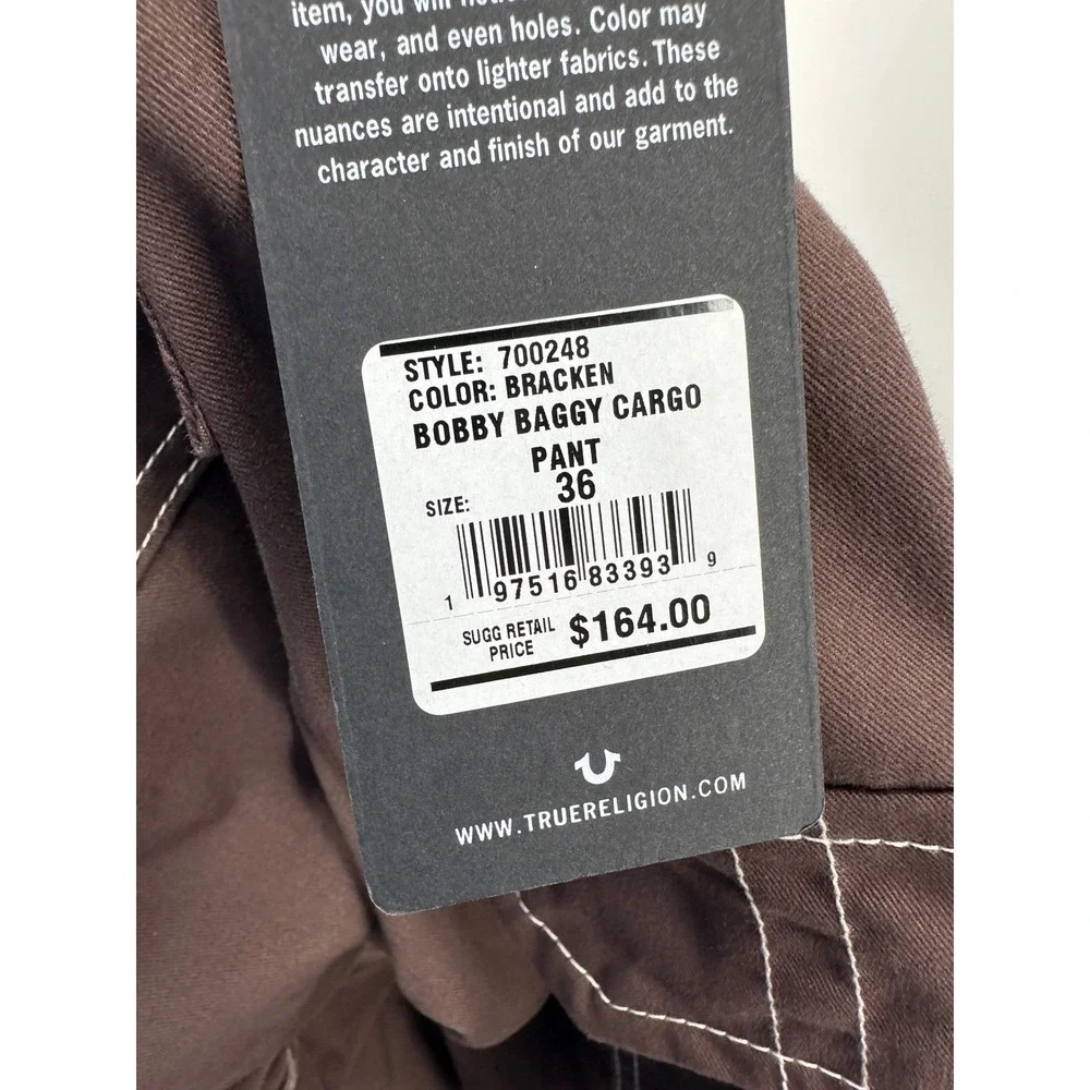 True Religion Bobby Baggy Cargo Pant Men 36 Brown Solid Relaxed Fit Modern NEW